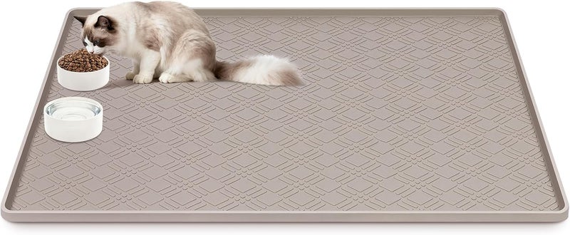 Lanstics Cat Food Mat, 42" x 29" Large Silicone Mat Cat Feeding Mat with Raised Edge Non-Slip Pet Feeding Mat for Food and Water Bowl, Easy to Clean, Floor Protection (Beige) - Image 1